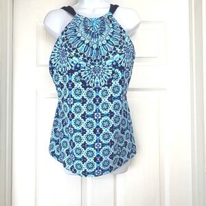 Beach House Blue 18W Tankini Swim Top Mandala High Neck Shelf Bra Relaxed